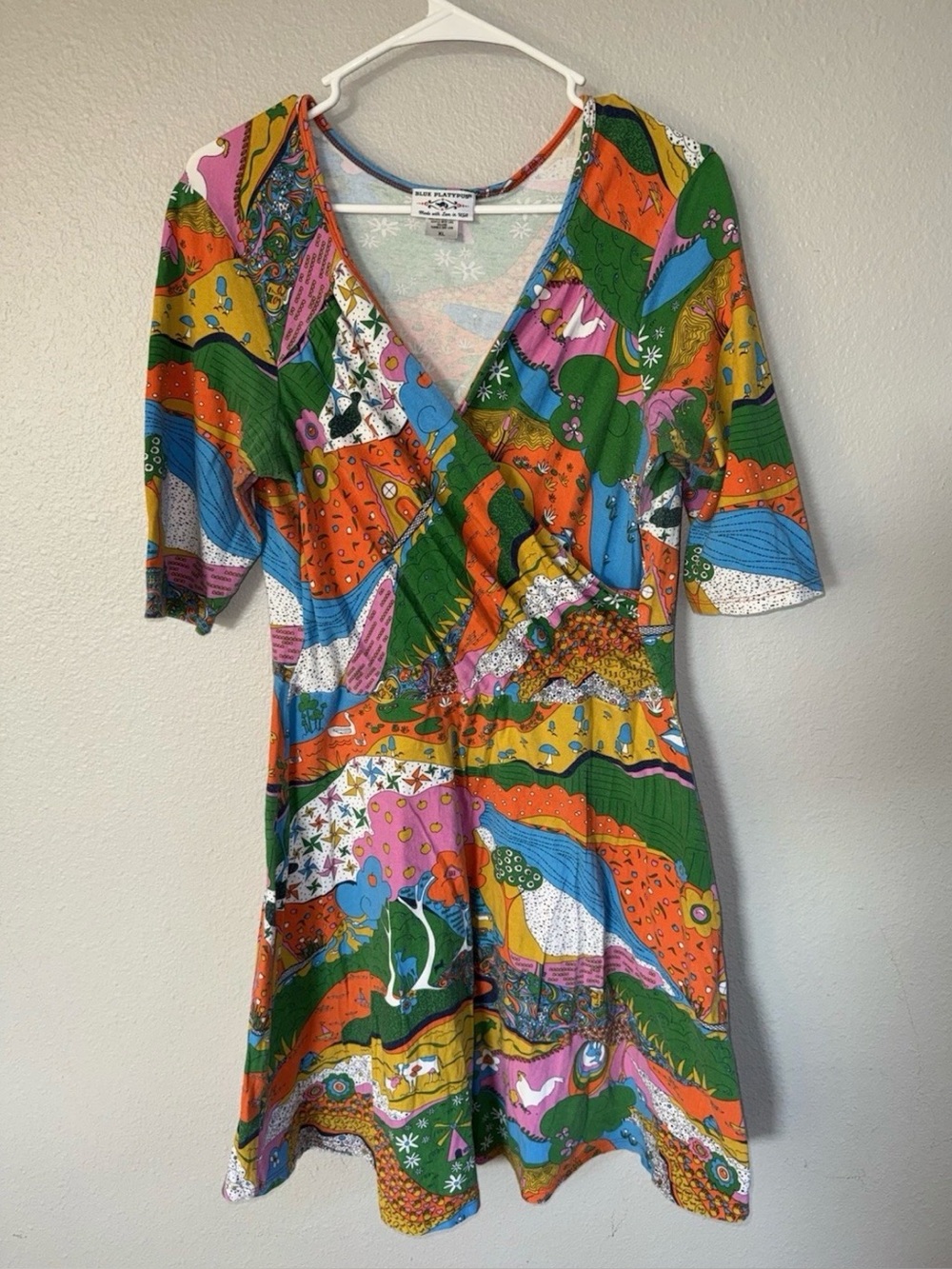 BLUE PLATYPUS,  landscape rainbow farm dress size XLarge